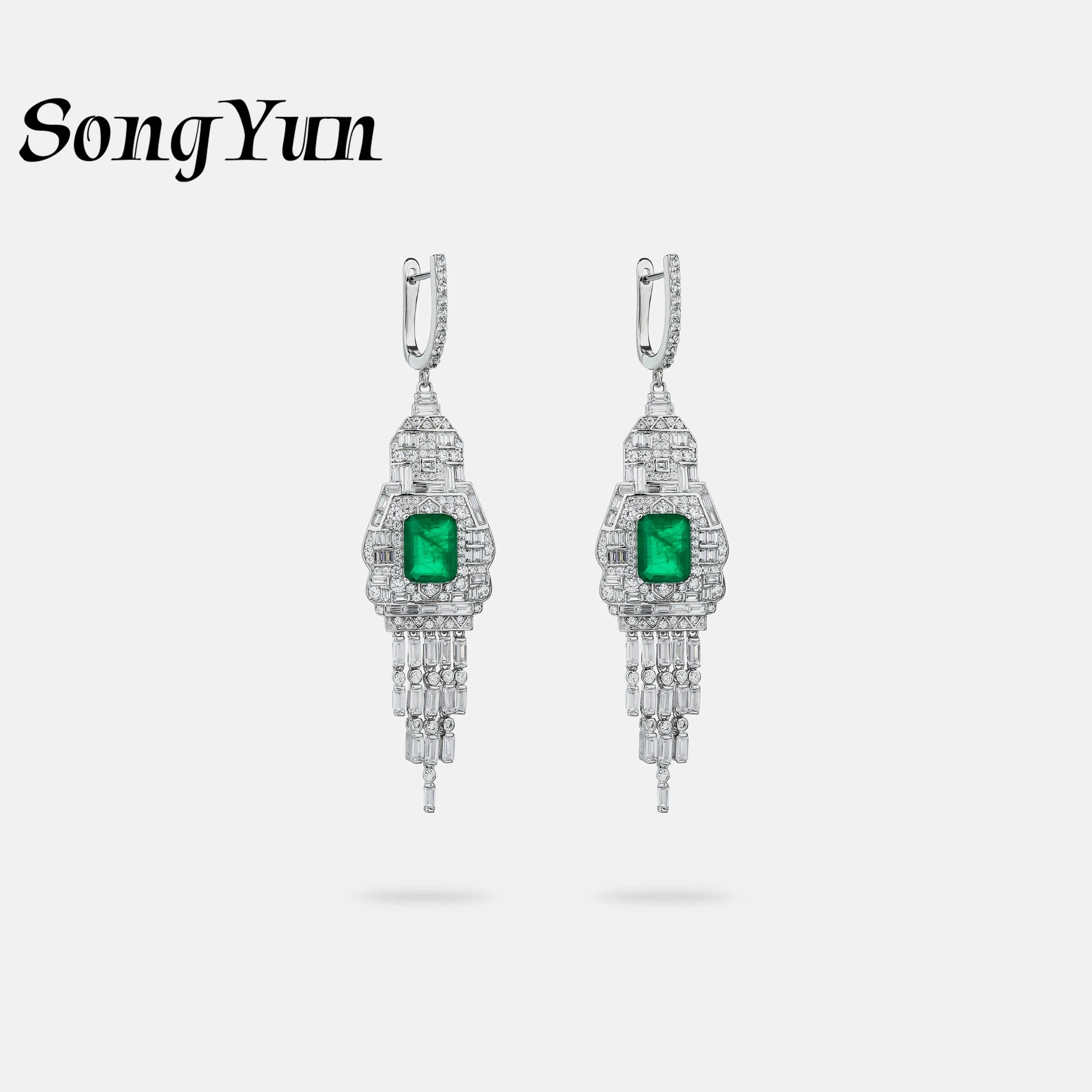 

SongYun Jewelry 925 Sterling Silver Drop Earring Luxury HCD Emerald Gemstones Sparkling s925 Stud Pendant Earrings Accessorie