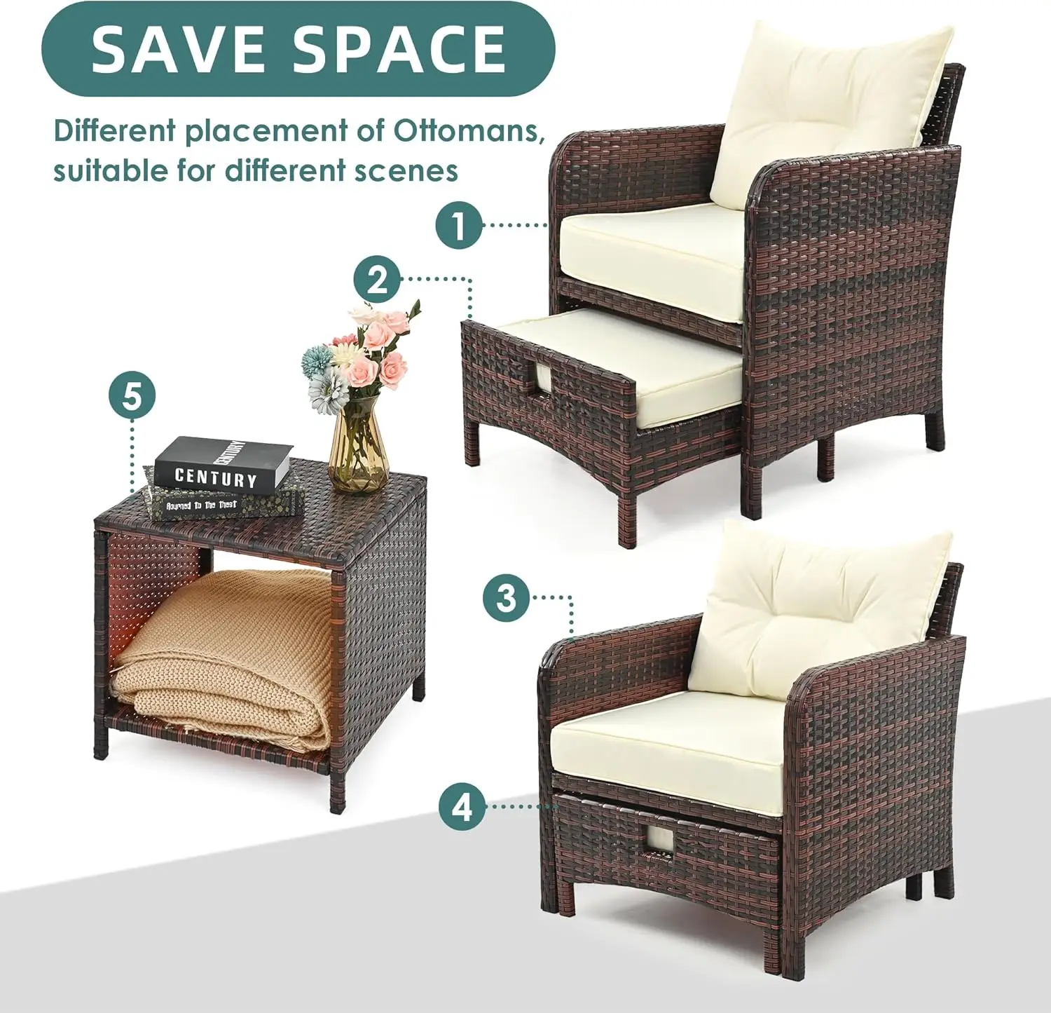 طقم أثاث فناء الروطان مكون من 5 قطع، وكراسي خوص من البولي ايثيلين مع مسندين وطاولة قهوة للاستخدام الخارجي (بيج)