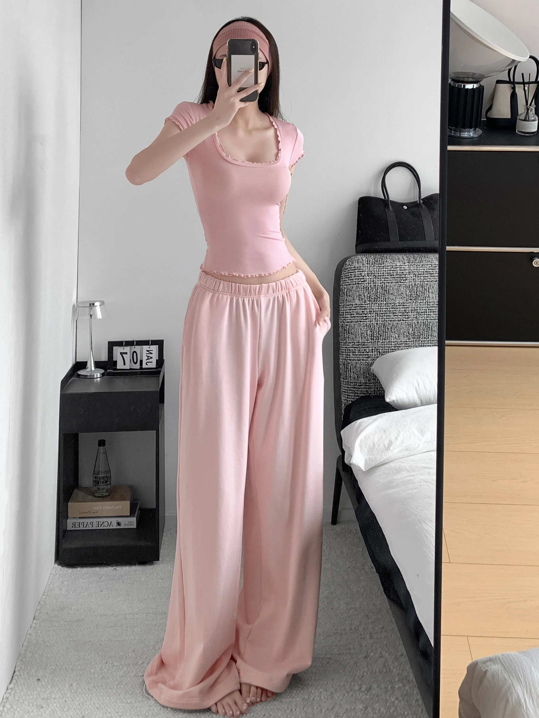 Loose Wide Leg Pants Women's Spring Autumn High Waist Elastic Waist Straight Casual Sports Trousers Draped Feeling Lazy Style