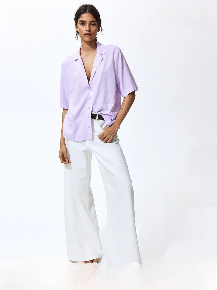 

H&M Summer New Women's Cotton Linen Blend Cuban Collar Shirt Casual Fit Short Sleeve Button up Fashionable Ladies' Shirt