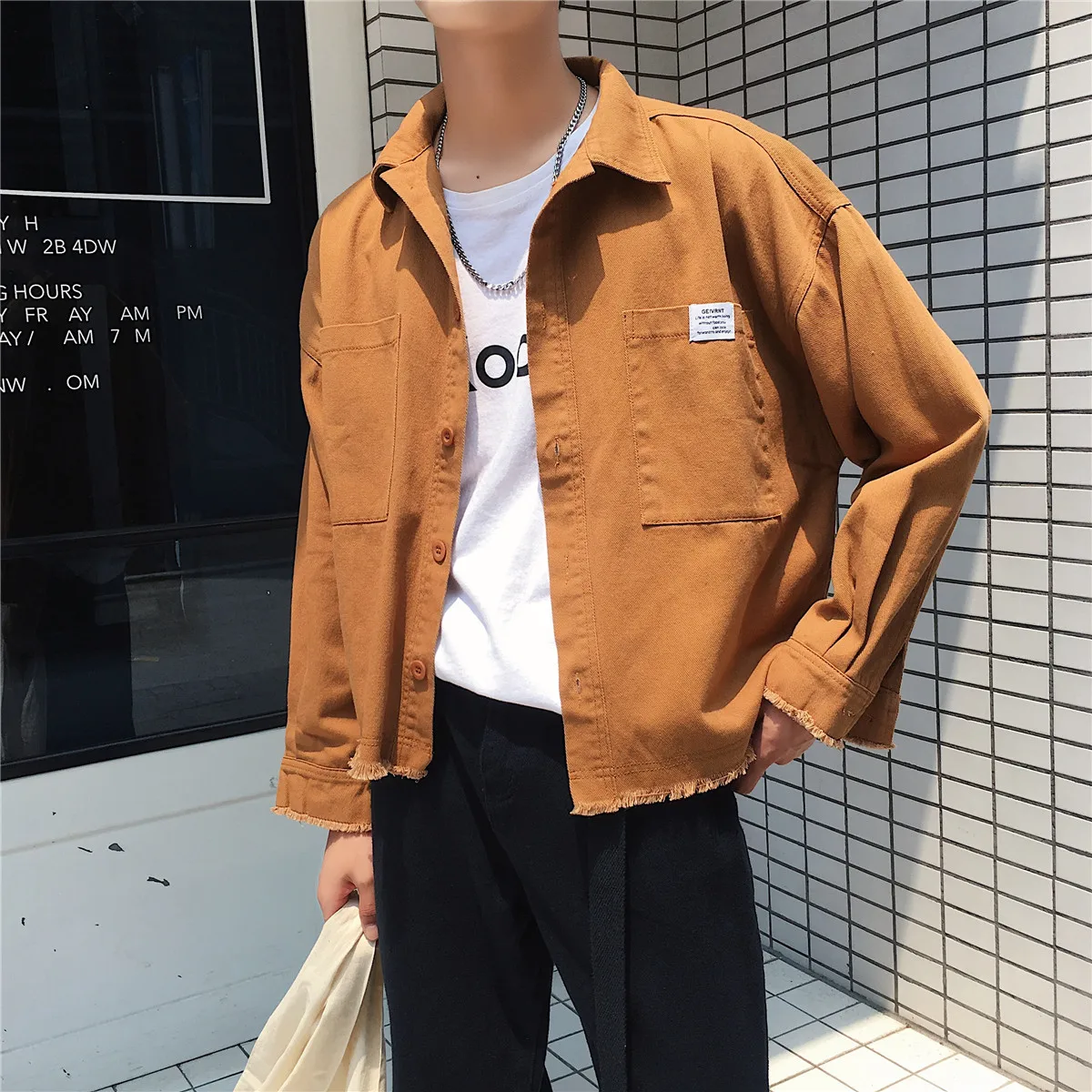 

Spring Autumn Men's Workwear Jaet Casual Loose Korean Sle Student Faion Lapel Single Button Long Sve Outerwear