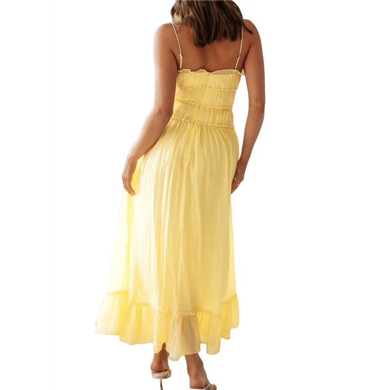 【SEE】สตรี 2025 ฤดูร้อนชุดลําลองสปาเก็ตตี้สายคล้องคอ RIC Rac Trim Smocked Ruffle Beach Long Maxi Dress