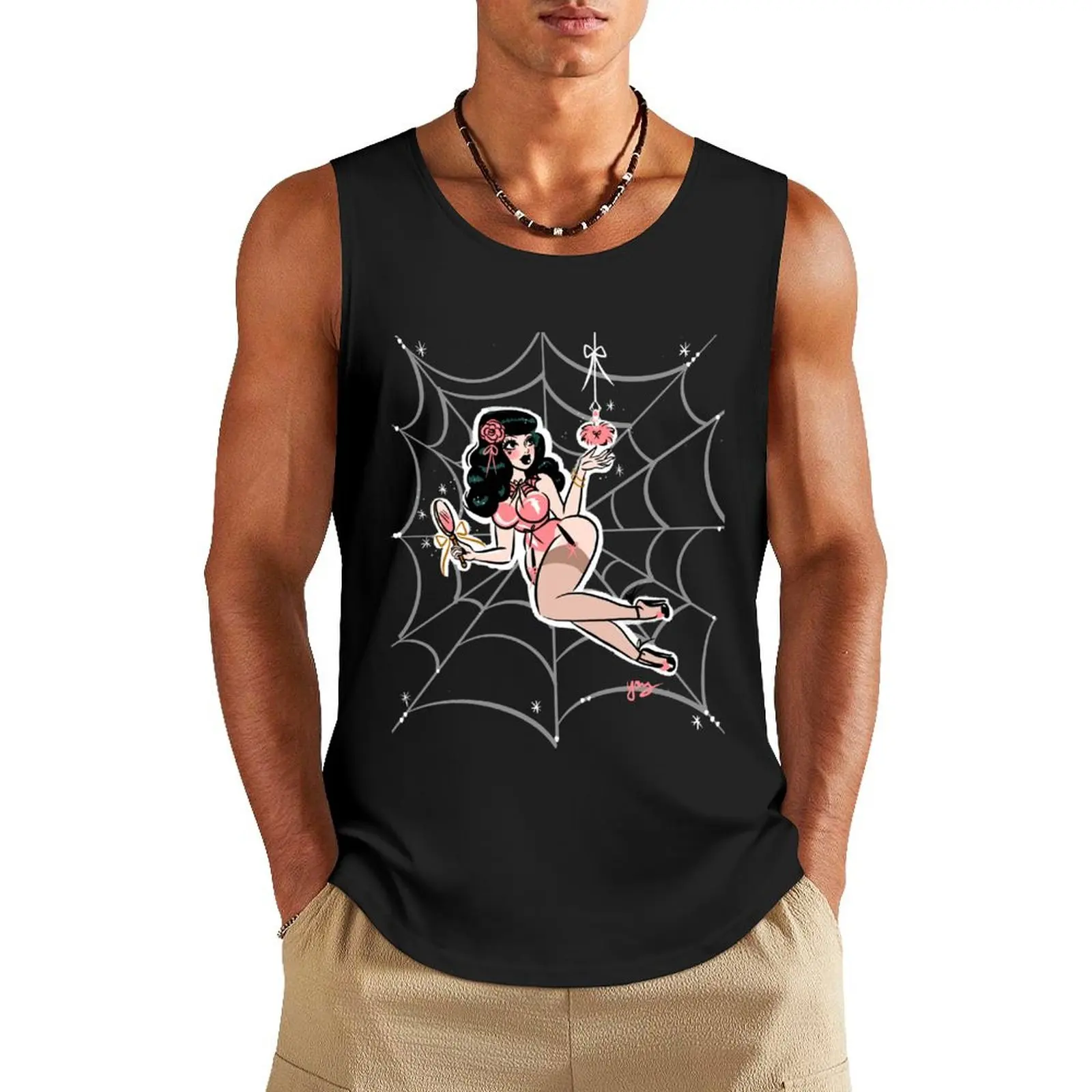 Spider Web Powder Puff Pinup Tank Top Vest Men's cotton t-shirt fitness