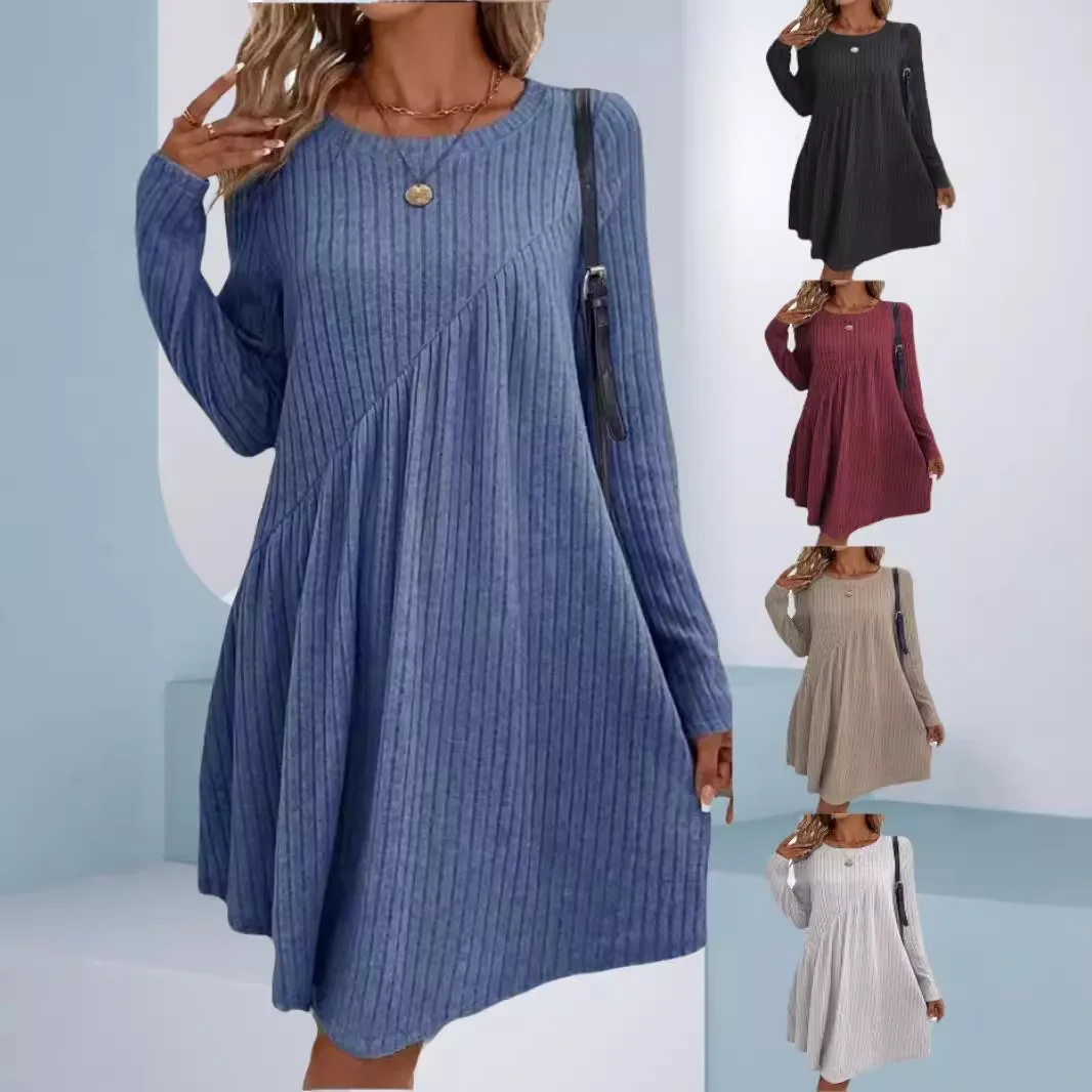 

Bohemian Winter Dress - Textured Ribbed Solid Color Dress with Asymmetrical Hem for Women