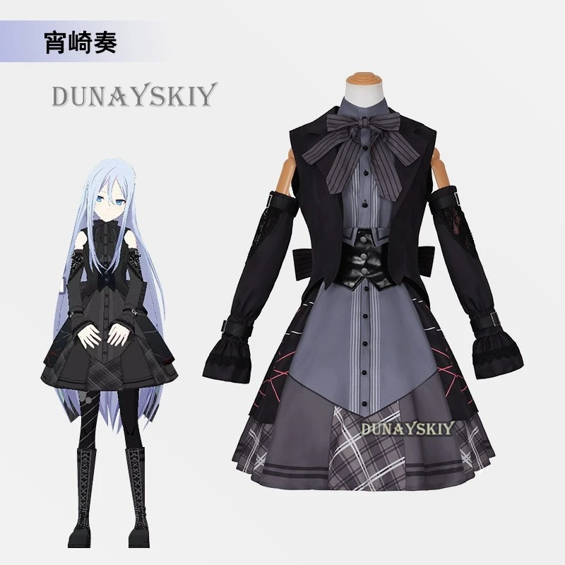 Disfraz de Cosplay de Project Sekai Asahina Mafuyu Yoisaki Kanade, juego de peluca, Anime, fiesta de Halloween, vestido de Lolita para niñas, conjunto negro