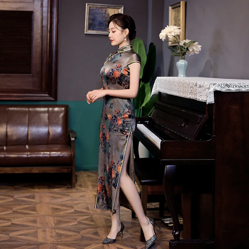 New Elegant Dress Women's Long Cheongsam Retro Slim-Fit Chinese Style Performance Activity