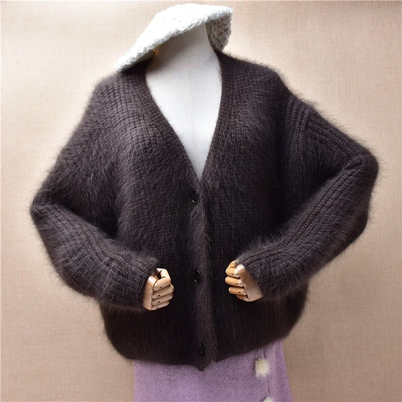 Female Women Autumn Winter Clothing Hairy Thick Warm Mink Cashmere Knitted V-Neck Long Sleeves Loose Cardigans Sweater Jacket