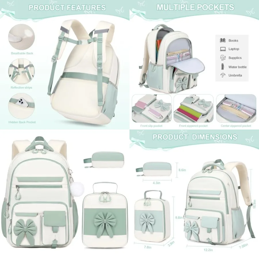 Backpack for Girls, 3PCS Girls Backpack for School with Lunch Bag Pencil Case, Cute Teens Bookbag for Kindergarten Elementary P