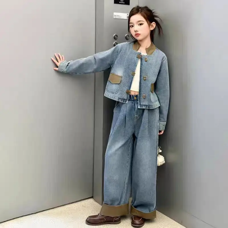 Wide-leg Pants Girl Denim Jacket & 2-Piece Set Girls' Outfits Clothes 10 12 Years Sets From 5 6 Fashion Outfit Boutique Clothing
