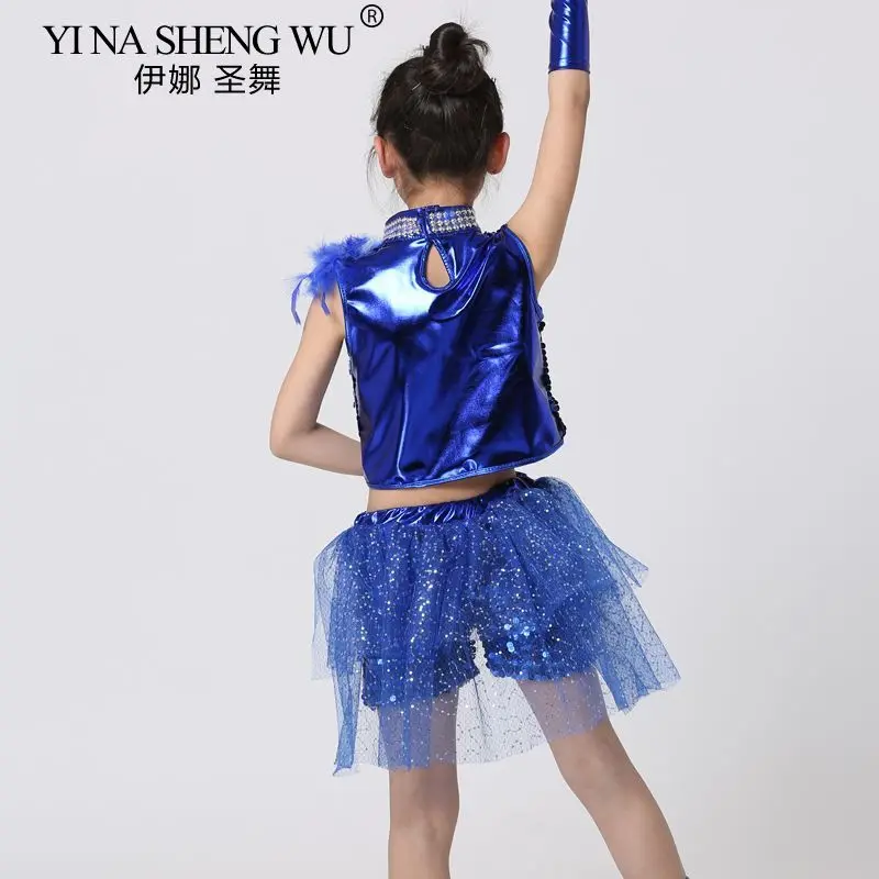 Kids Jazz Dance Costume Boys and Girls Blue Sequin Crop Top Suit Hip Hop Jazz Dance Performance Shirt Skirt Street Dance Wear