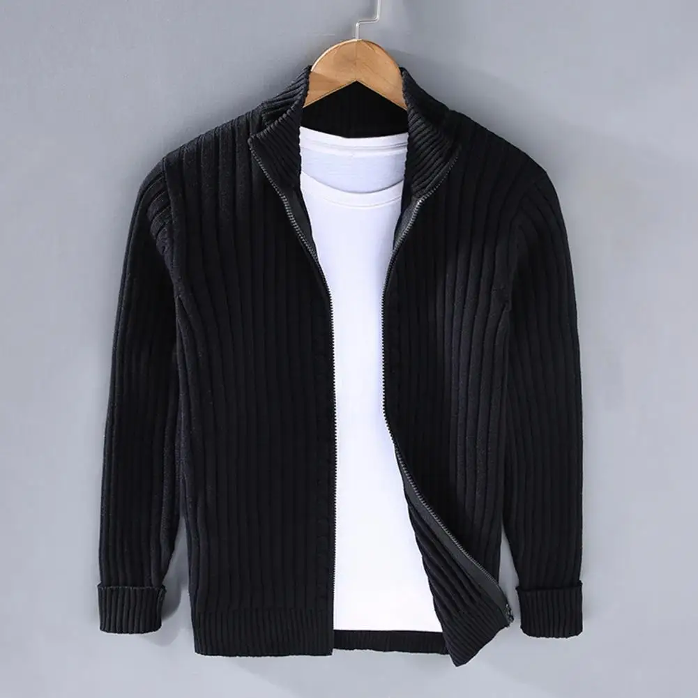 

Men Cardigan Long-sleeve Zipper Cardigan F Men's Thick Knit Cardigan with Zipper Closure Striped Texture Stand Collar for Wear