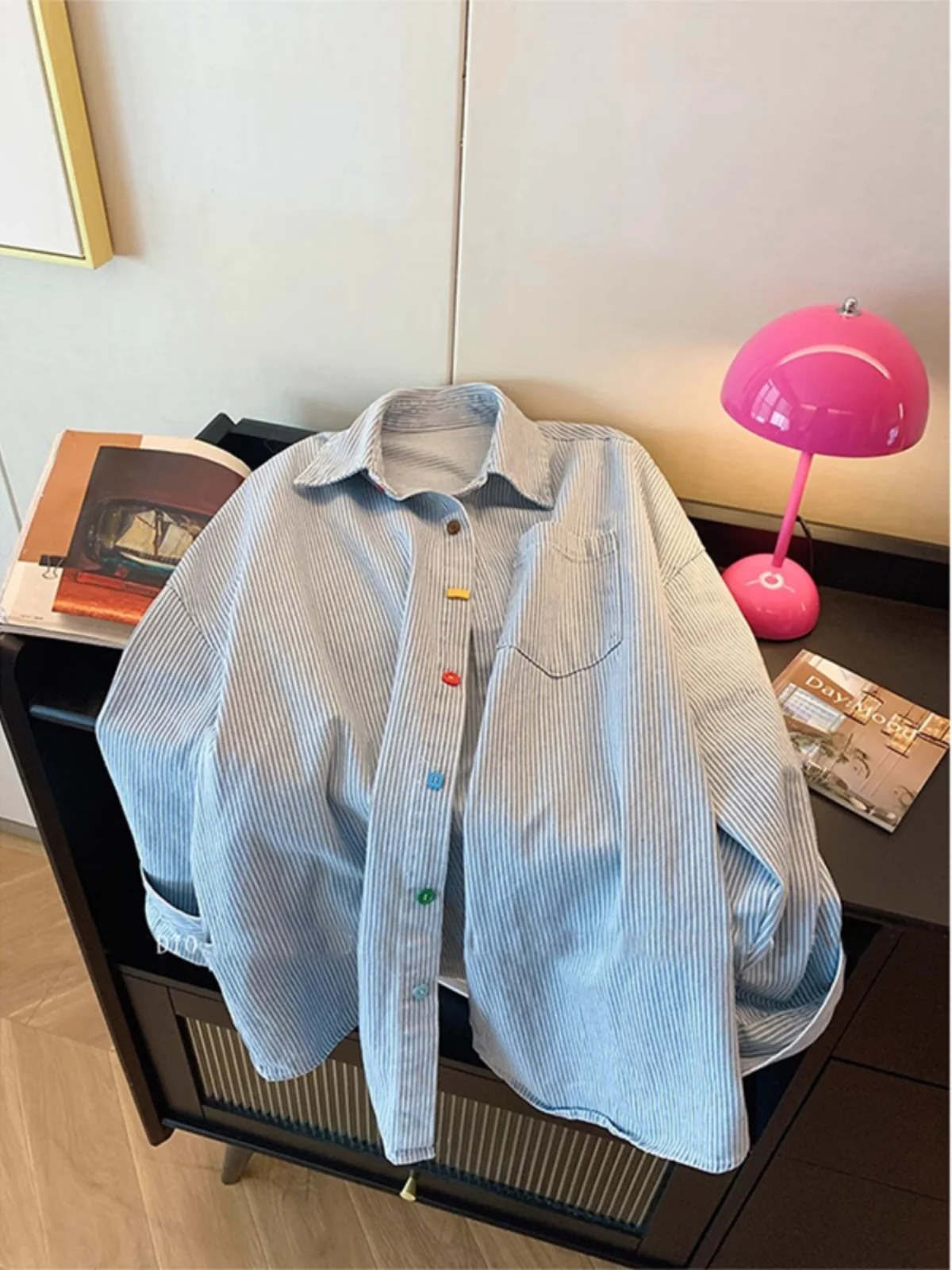 

Large Size 300 Pounds Vintage Rusted Blue White Stripes Denim Shirt Women's Autumn Button Collar Long Sleeve Shirt