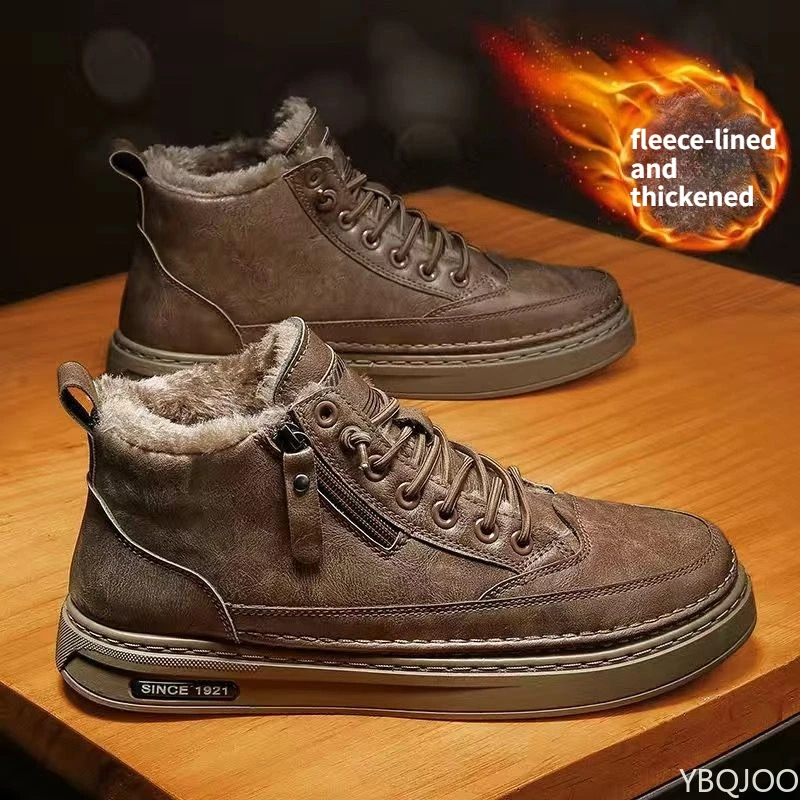

Зимняя мода большого размера с толстым флисом и теплыми мужскими короткими ботинками, модные и повседневные мужские ботинки с высоким берцем и плоской подошвой.