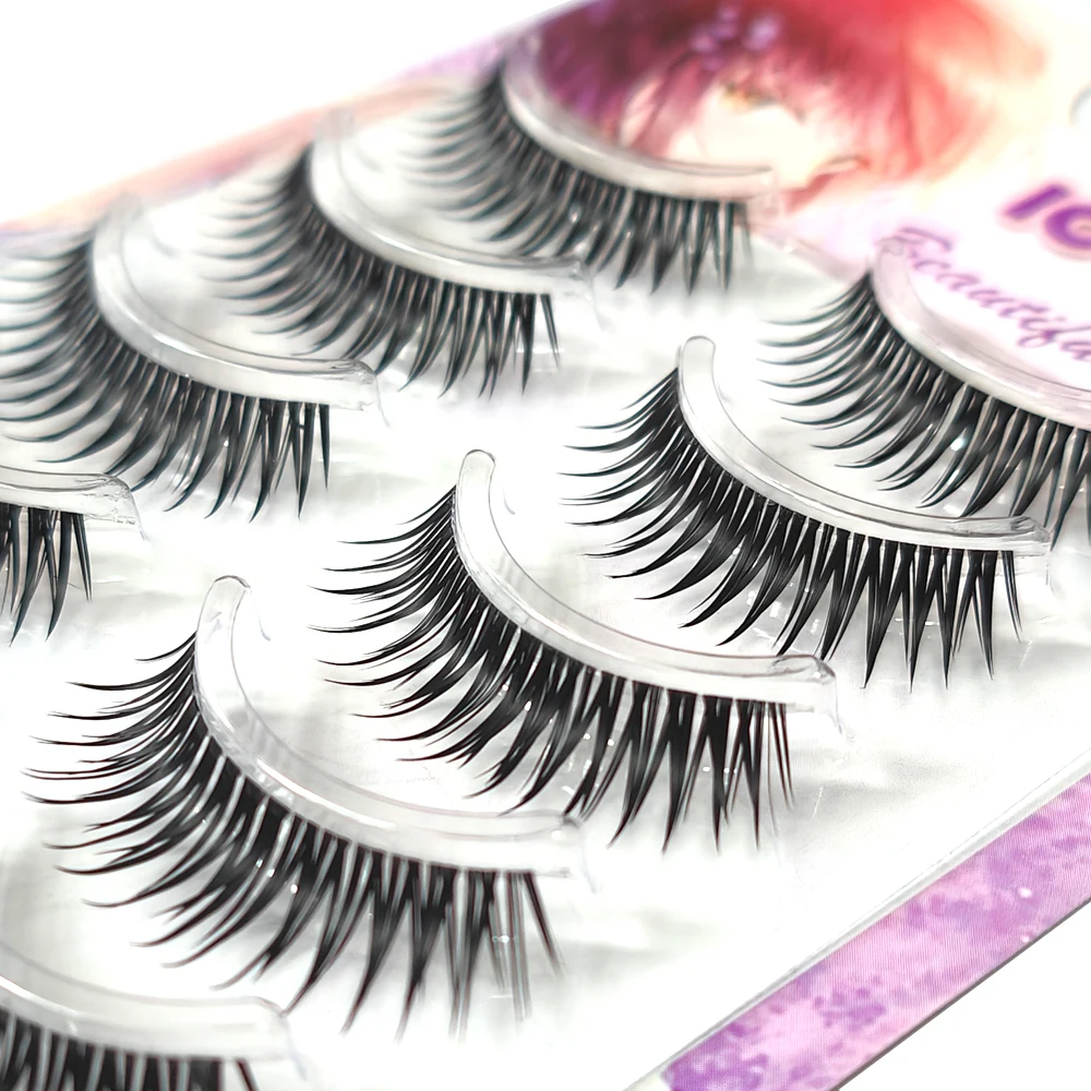 5 Paar natürliche dicke falsche Wimpern, flauschige 3D-Augenwimpern, handgefertigt, schwarzes Band, niedliche Comic-Augenwimpern, Cosplay, Kosmetik, Make-up