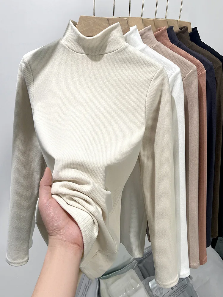 Mock Neck Knit Shirt 2023 Women's Autumn Winter Solid Basic Bottoming Sweater Soft Elastic Pullover Warm Solid Slim Fit Top