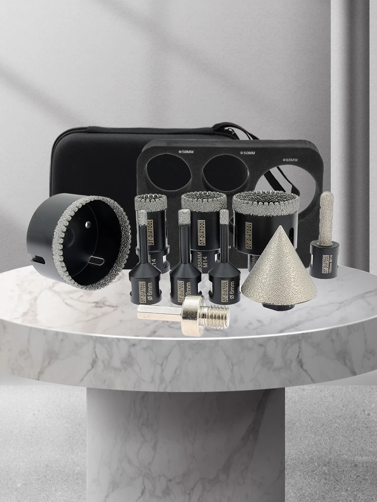 DT-DIATOOL Fliesenbohrer-Set, 10 Stück, 6/6/8/25/35/50/68 mm + Fräsen + Fasenbohrer + Sechskant-Adapter für Keramik, Marmor, Granit, M14-Gewinde – Detail 5