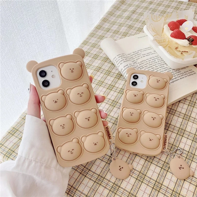 10pcs Cute Cartoon Bear Pendant Phone Case for iphone 11 12 Pro MAX Mini X XS XR SE 6 7 8 Plus Soft Shockproof Back Cover Kids