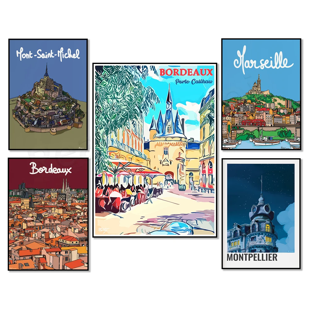 Marseille, Mont Saint-Michel, Bordeaux - Porte Cailhau, Place de la Comedie, Montpellier, South of France travel poster