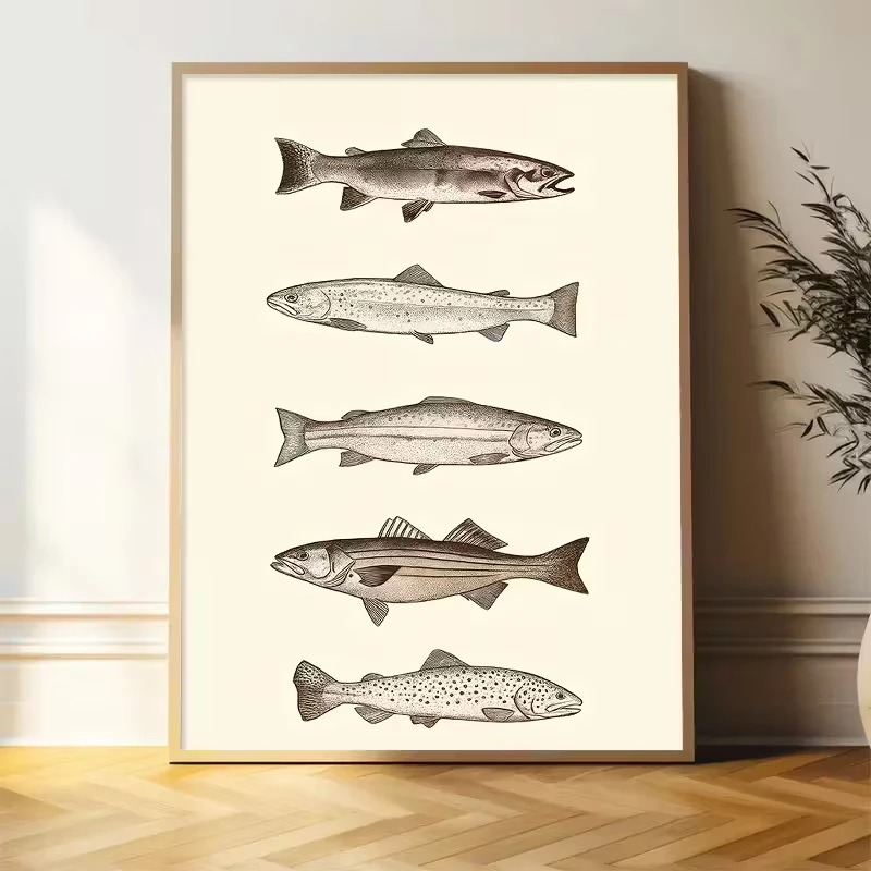 

Retro Fish Minimalist 4-fish Pattern Black and White Canvas Poster Wall Art, Kitchen or Fishing Gift Home Decoration Print