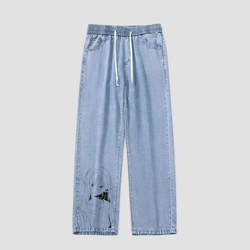 

Джинсы Hand-Dn Fleur De Mort с аниме-принтом, оригинальный дизайн, свободный крой, средняя посадка, джинсовые брюки для подростков и студентов