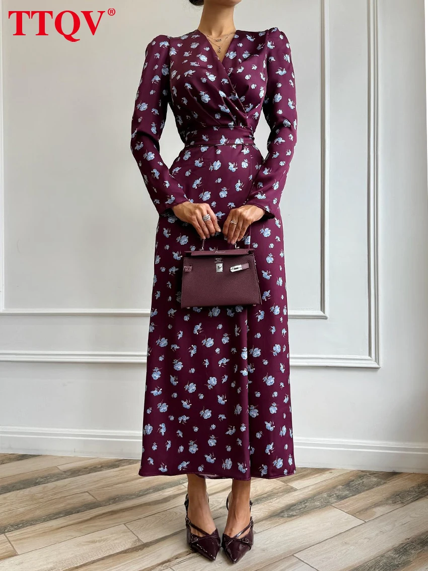 

TTQV Fashion Loose Print Women's Dress 2026 Spring V-Neck Long Sleeve Midi Dresses Elegant Classic High Waist Female Dress
