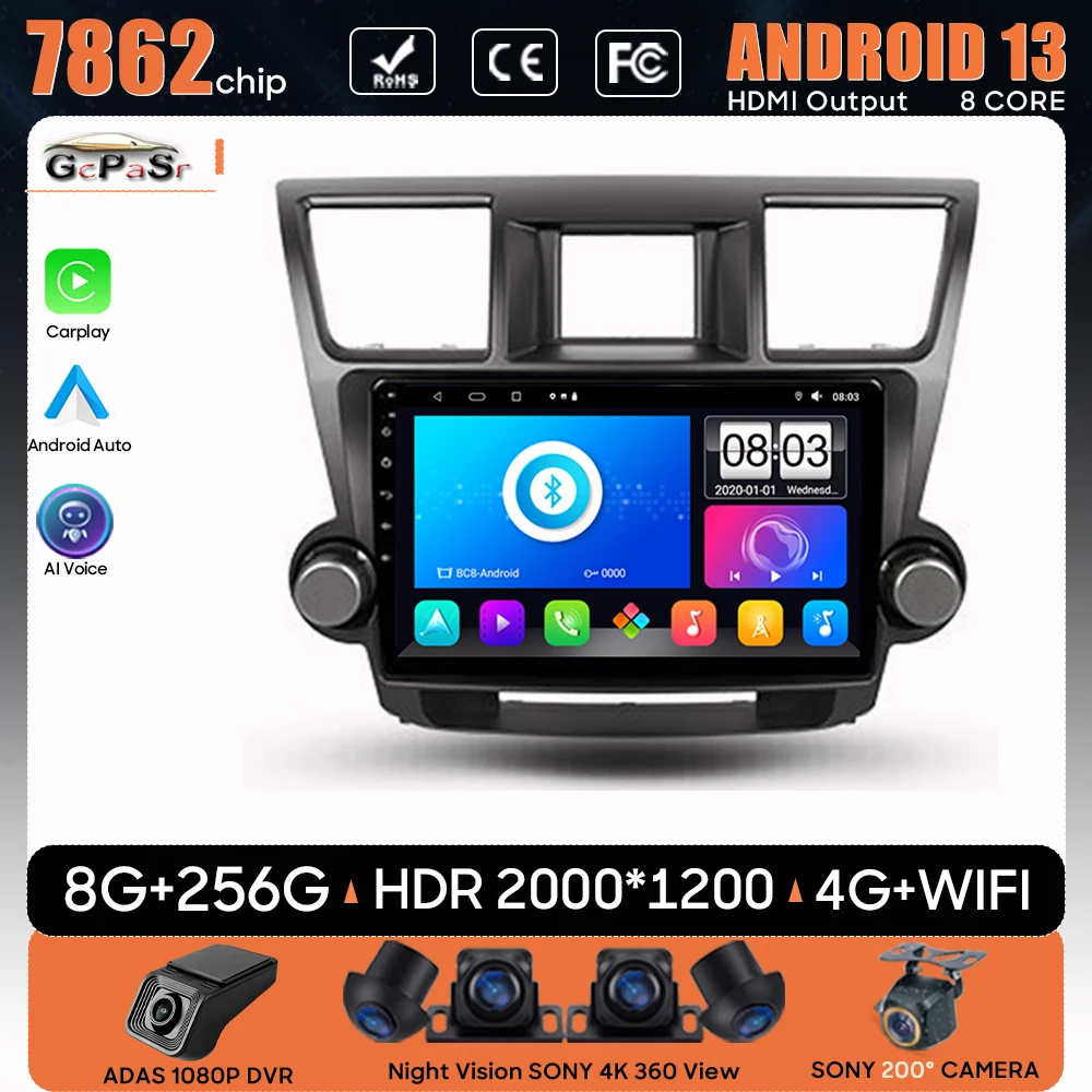 

Car Radio Android 13 For Toyota Highlander 2 XU40 GPS Navigation Android Video Screen Multimedia Player Head No 2din DVD 5G Wifi