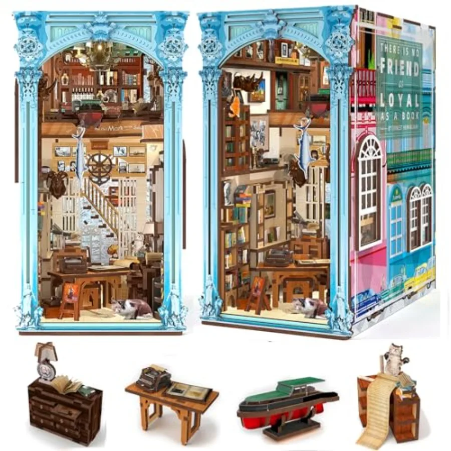 

Book Nook Kit for home decor: 3D wooden puzzle bookshelf insert with LED light, natural wood color, easy DIY assembly for teens