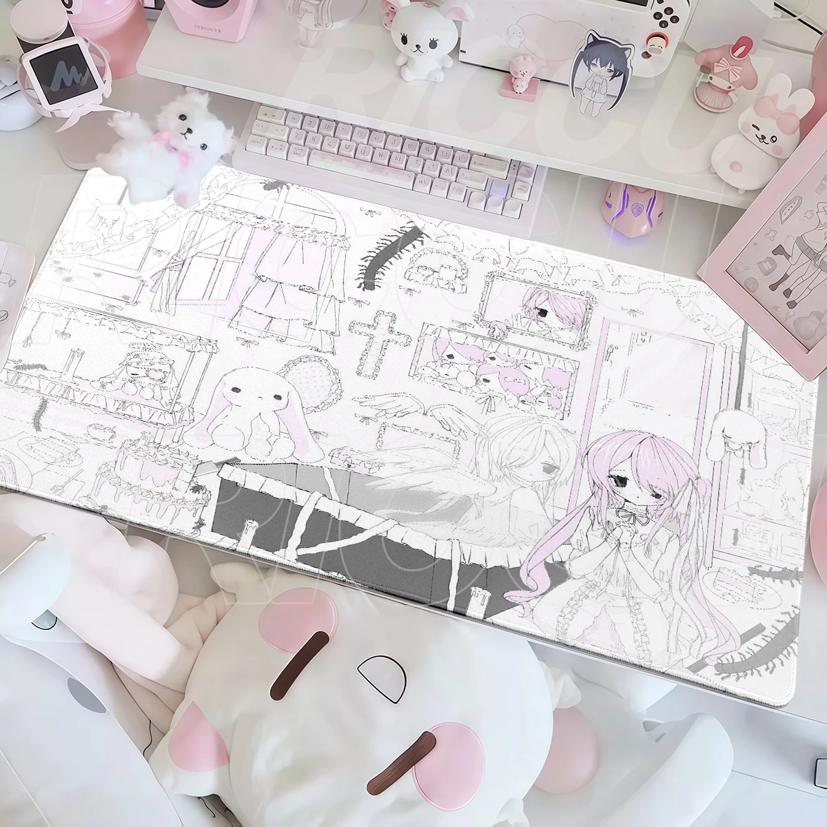 Lolita Aesthetics Angel Girls Rabbit Mouse Pad Ins Pastel White Desk Decort Mat XXL Keyboard Pads PC Accessories Rubber Mousepad