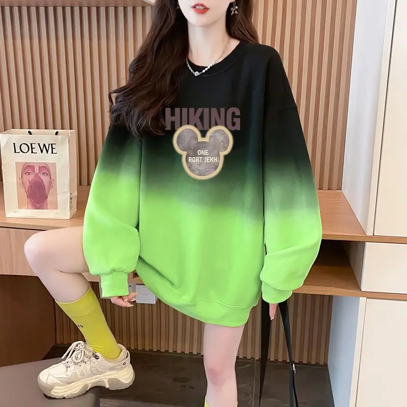 Korean Women\'s 2024 Spring and Autumn New Splicing O-Neck Print Fashion Minimalist Casual Gradient Loose Long Sleeved Hoodies