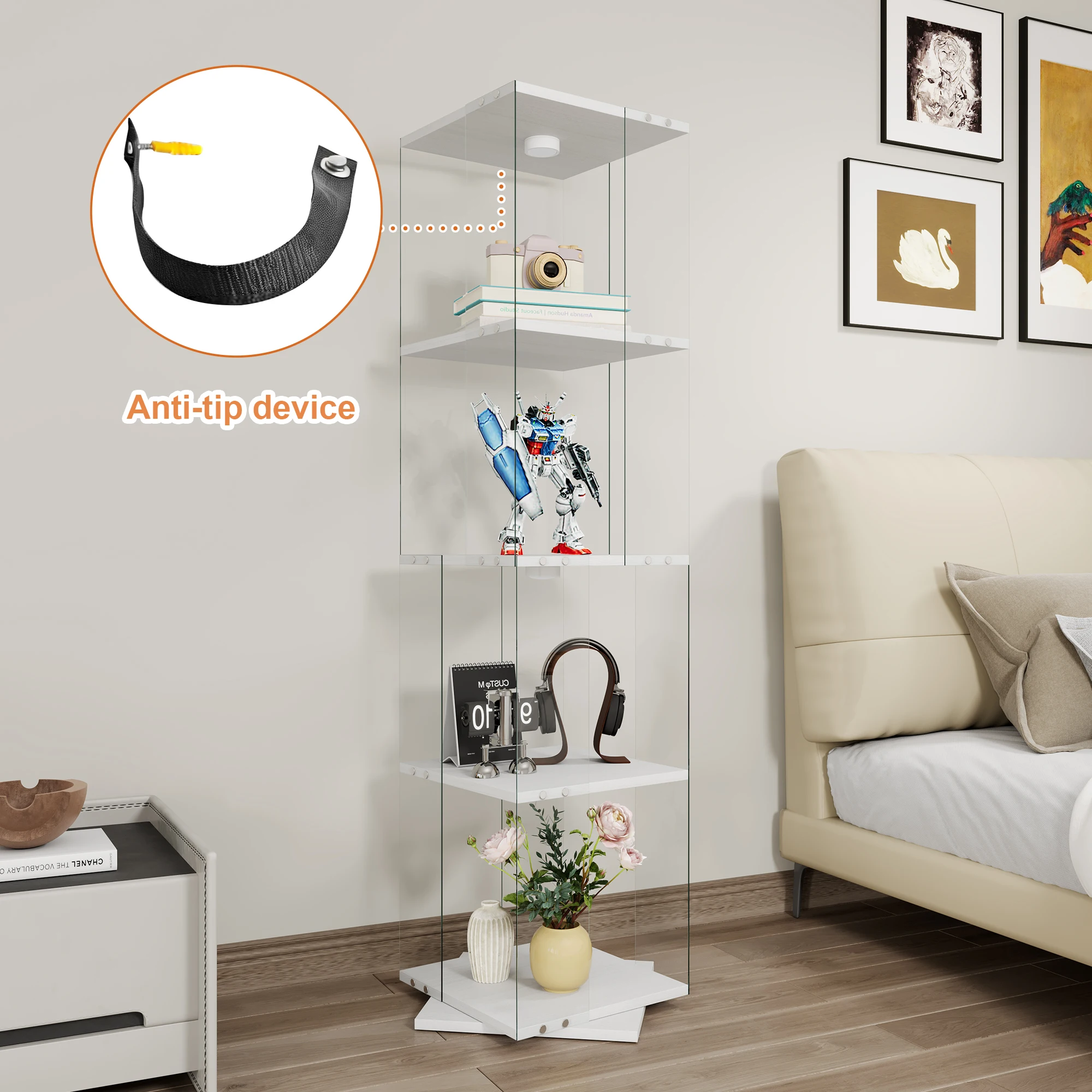 Comanlai 160×38×38 cm, Vitrine sur pied, Meuble à vin rotatif moderne, Vitrine en verre 1 porte 4 niveaux, pour objets de collection, livres, vin, 4 étagères en verre et 1 porte verrouillable, Blanc