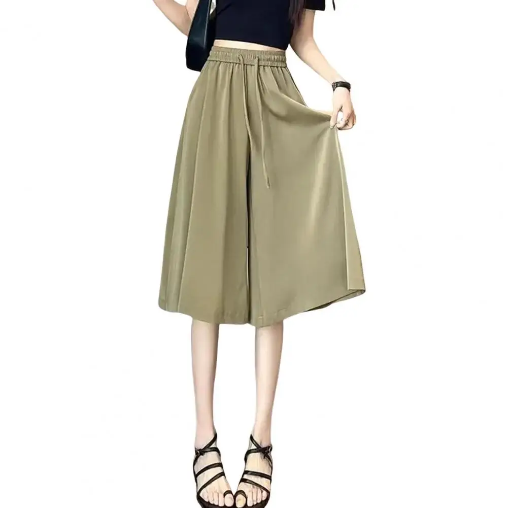 Solid Color Trousers Breathable Ice Silk Culottes Women's Elastic Waist Skirt Pants Casual Loose Fit with Adjustable Drawstring