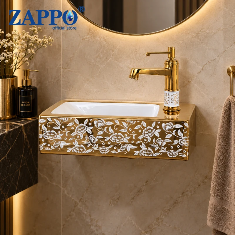 ZAPPO Wall Mounted Gold Ceramic Wash Basin Set Vintage Bathroom Sink with Gold Faucet Combo Rectangular Wall Hung Vessel Sink