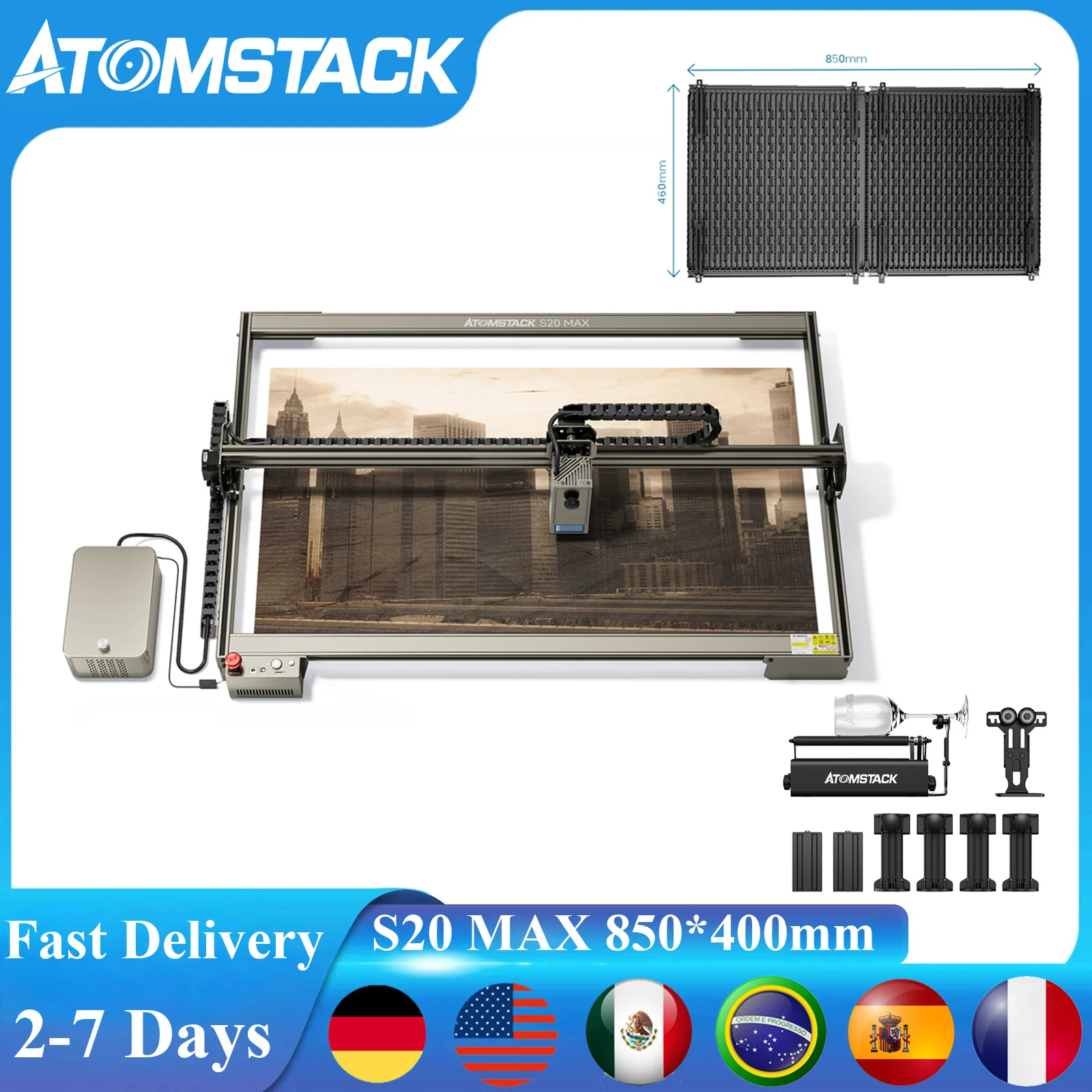 ATOMSTACK S20 Max 130W CNC Engraving Cutting Machine Dual Air Assist Support Offline Metal Engraver 850*400mm Work Area