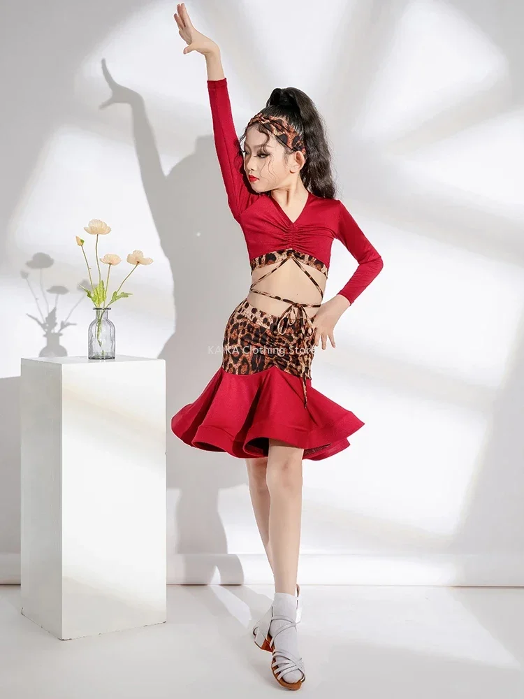 Traje de dança latina leopardo para meninas, saia Cha Cha Rumba Dance para meninas, roupas de performance infantil