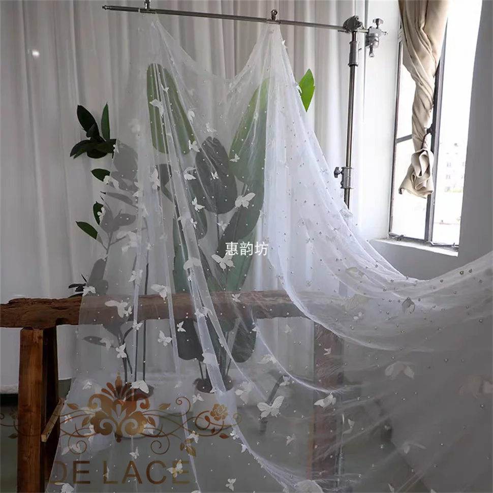 HYF Wykwintna koronka 3D z motylami, koraliki w kolorze kości słoniowej, miękka siateczka, koronka na suknię ślubną