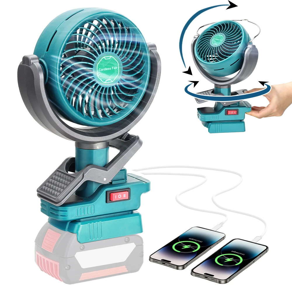 Ventilador portátil com clipe para bateria de íon de lítio BOSCH 18V, ventilador alimentado por bateria com carregamento USB duplo, ventilador sem fio com altura ajustável.