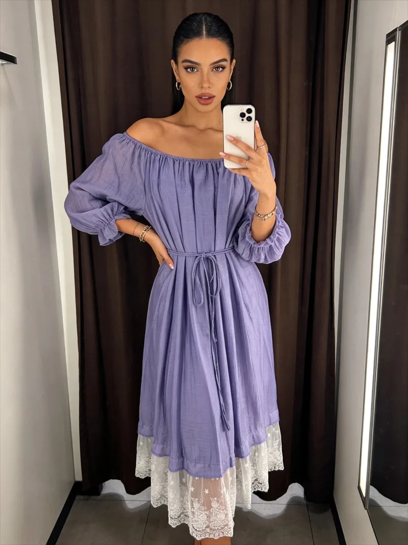 

Women's Off-shoulder Lantern Sleeve Dress Korean Fashion A-line Waist Lace Stitching Thin Long Dress Female Vintage Dress