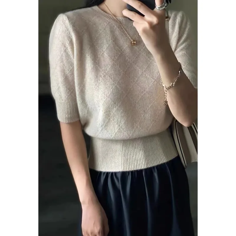 Temperament  wind round neck hollow short cashmere knit short sleeve women spring and summer new loose thin wool half sleeve