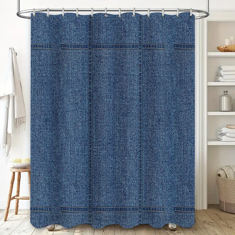 Modern Farmhouse Shower Curtain Waterproof Blue Denim Fabric Bathroom Decor Set Vintage Rustic Coastal Style Shower Liner