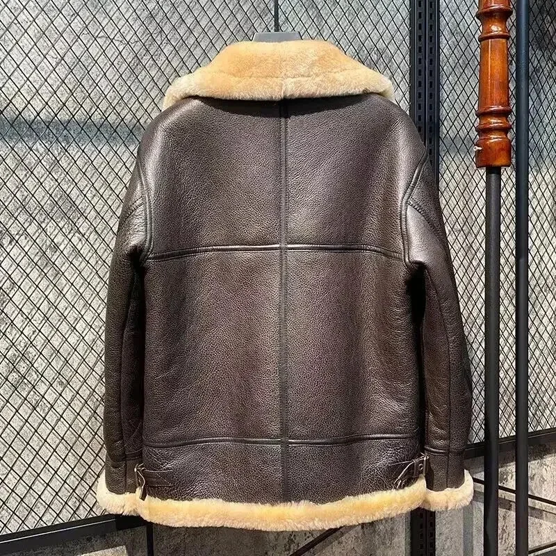 2025 Man Genuine Leather Coat Natural Sheepskin Shearling Wool Jacket Male Warm Winter Clothes Outfit with Raccoon Hood Brown