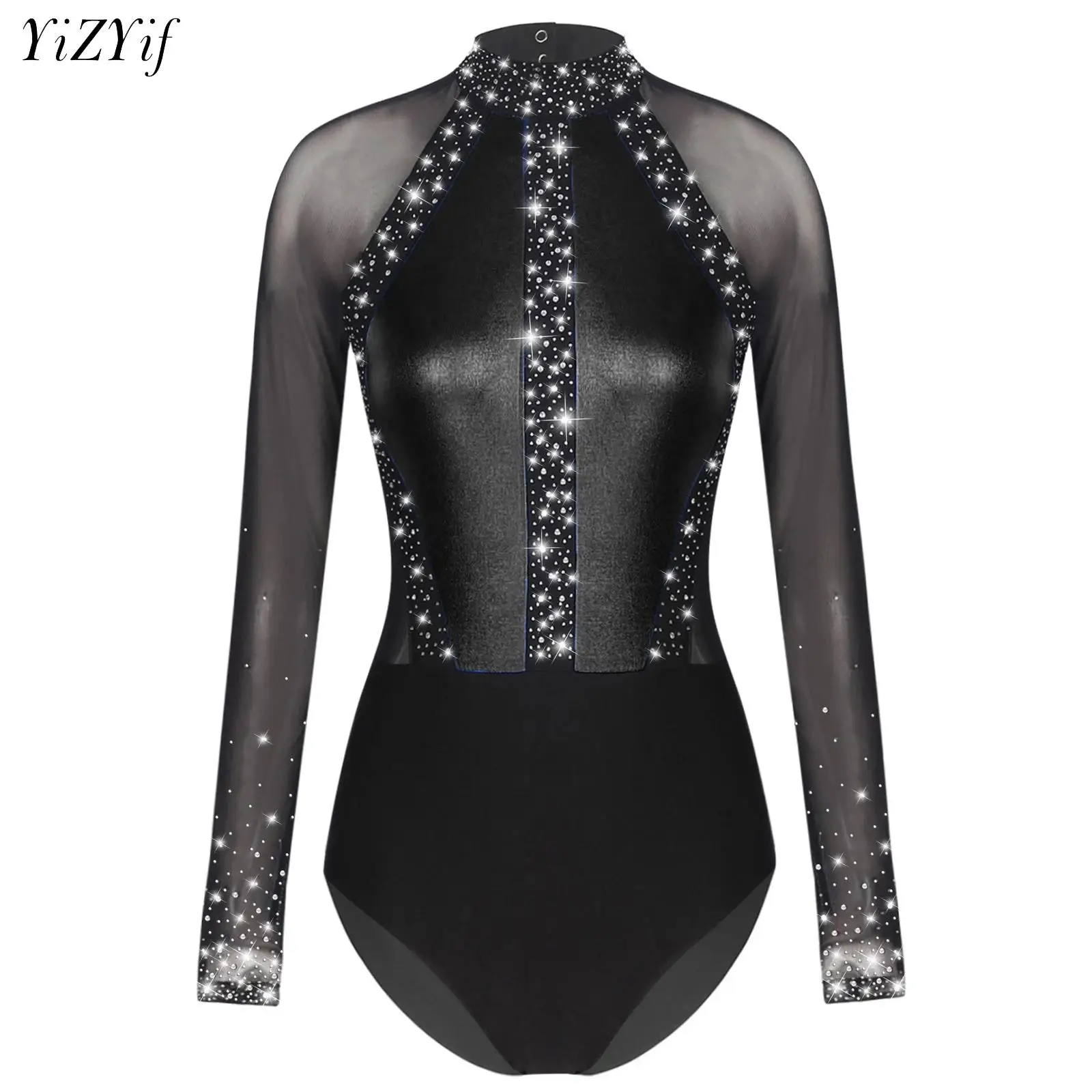 

Women Ballet Leotard Rhinestones Sheer Mesh Bodysuit Gymnastics Figure Skating Stage Performance Dancewear Dance Party Costume