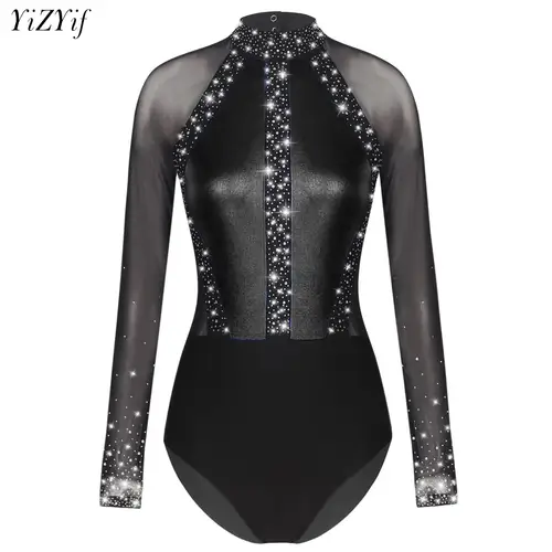 Leotardo de Ballet para mujer, traje de malla transparente con diamantes de imitación, gimnasia, patinaje artístico, puesta en escena, Ropa de baile, disfraz de fiesta de baile