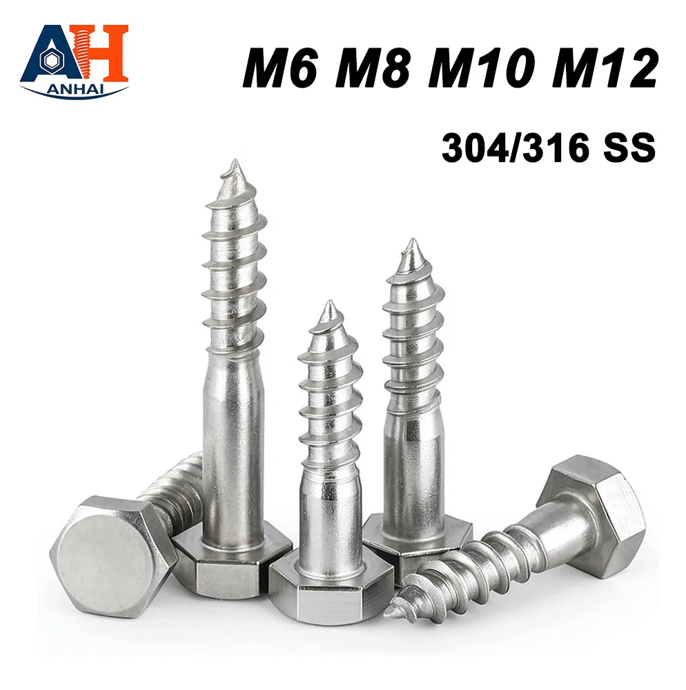 Hex Head Lag Bolts 304/316 Stainless Steel Self Tapping Wood Screws M6 M8 M10 M12 Length 25-200mm Heavy Duty Coach Screws