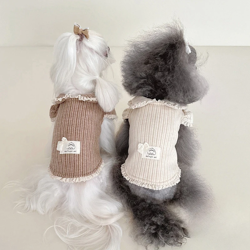 Pet Corduroy Striped Base Shirt with Autumn and Winter Velvet Clothes Doll Collar Bubble Half Sleeved Lace Hoodie Puppy Clothes