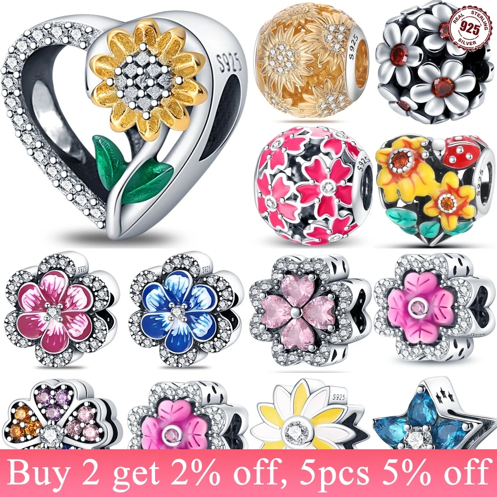 925 Sterling Silver Sunflower Sakura Clover Floral Plants Series Charm Beads Fit Original Wear Bracelets DIY Jewelry Gifts