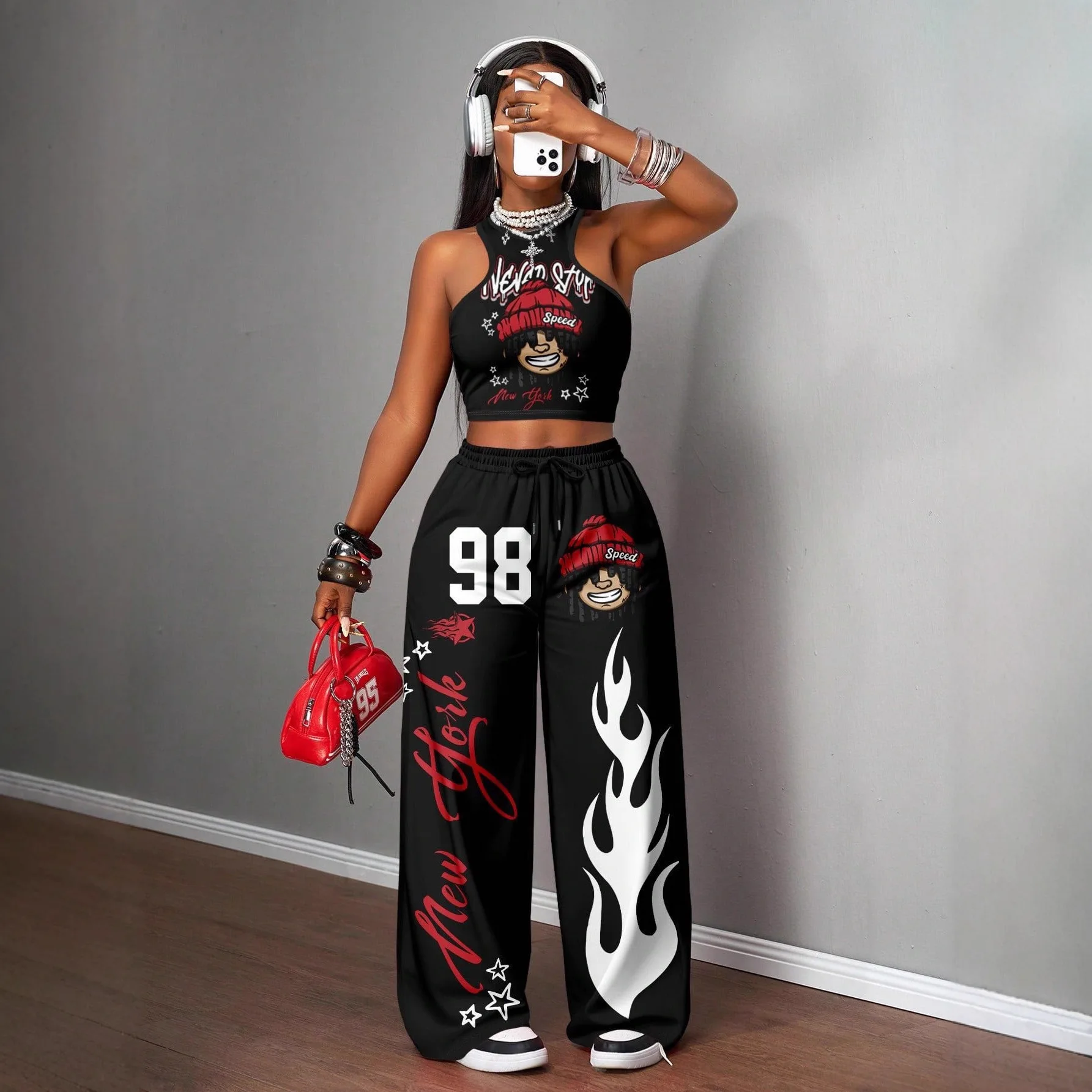Hot Girl Hip-hop Sports Street Printed Vest Casual Wide-leg Pants Set Womens Fashion Letter Short Top And Long Pants 2-piece Set
