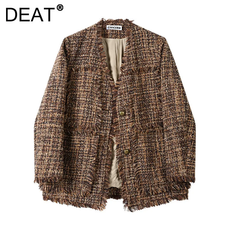 

DEAT Women's Coat Burrs Edge V-neck Vintage Patchwork Single Breasted Elegant Long Sleeve Brown Jackets 2024 New Fashion Autumn