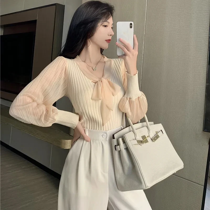 Lucyever Korean Chic Bow V-Neck Women Sweater Elegant Slim Fit Patchwork Puff Sleeve Knit Pullover Elastic Ribbed Knitwear Woman