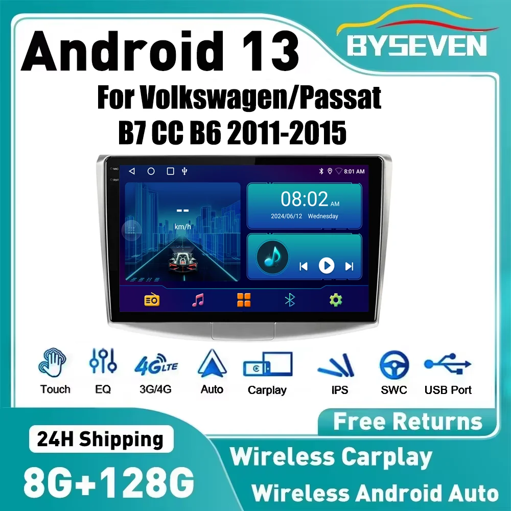 BySeven Wireless Carplay Android 13 Car Radio For Volkswagen/Passat B7 CC B6 2011-2015 Car Multimedia Video Player GPS DSP WIFI