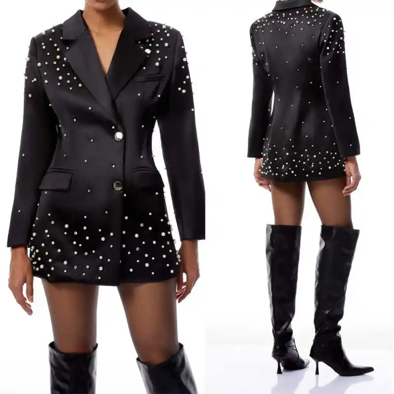 بدلة نسائية من قماش الجاكار قطعة واحدة سترة بقصة ضيقة واحدة الصدر بلغت ذروتها وطية صدر السترة واللؤلؤ والكريستال مناسبات خاصة معطف مكتب مخصص